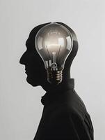 AI generated Idea concept. A giant bright light bulb in front of a silhouette of a man. High-resolution. AI Generative photo