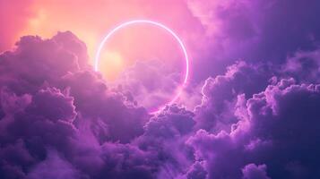 AI generated Horizontal background of simple puffy deep purple and pink clouds with a tiny neon circle in the center. High-resolution. AI Generative photo