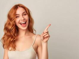 AI generated A young smiling ginger hair woman with indicating index finger on the space banner. High quality. AI Generative photo