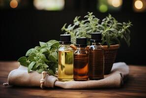 AI generated two bottles of homemade essential oils and a plant on a platter, photo