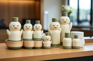 AI generated white bottles and rubber ducks are displayed on the counter, photo