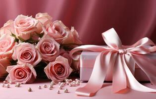 AI generated wedding gifts ribbons and roses on a pink background, photo