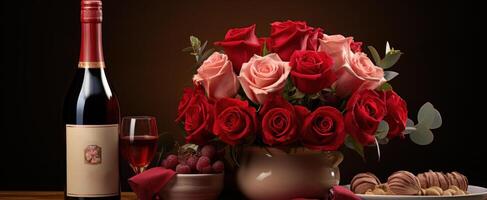 AI generated valentine's tuesday beautiful romantic chocolates red rose, red wine bottle and box, photo