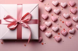 AI generated white gift with red envelope and red hearts on pink surface, photo