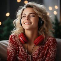 ai generado mujer en Navidad suéter escuchando a música con auriculares, foto