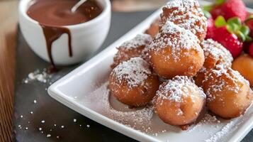 AI generated Food photo of dough balls with chocolate sauce, strawberries, and powdered sugar. High quality. AI Generative