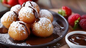 AI generated Dough balls with sugar powder and chocolate sauce on a plate. Food photo. High quality. AI Generative photo