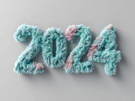 ai generado tipografía diseño 2024 en el multa mullido felpa textil verde azulado color. alto calidad. ai generativo foto