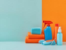 AI generated Housekeeping supplies minimal concept orange and blue colors. Cleaner and different brushes. High-resolution. AI Generative photo