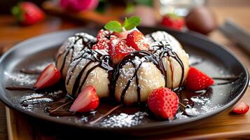 AI generated Food photo of delicious dough balls with chocolate and strawberries. High-resolution . AI Generative