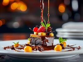 AI generated Delicious chocolate dessert with chocolate fluid and fruits in the restaurant background. High quality. AI Generative photo