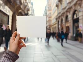 ai generado vacío tarjeta postal en un mujer mano en el centrar de el ciudad. burlarse de arriba de un tarjeta postal. horizontal blanco blanco. alto calidad. ai generativo foto