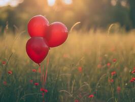 ai generado un realista puesta de sol foto de el rojo globos en el azul cielo antecedentes. alto calidad. ai generativo