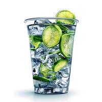 AI generated A hyper-realistic photo of a plastic cup with soda, ice cubes, and slices of lime isolated on a white background. High quality