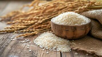 ai generado largo grano arroz en un de madera bol. blanco arroz derrames fuera en el de madera mesa. comida foto, ligero natural colores. alto calidad. ai generativo foto