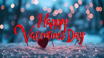 AI generated Happy Valentine's day words with a red neon line on a beautiful blue evening background. High-resolution. AI Generative photo