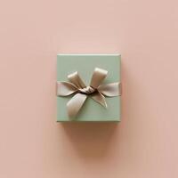 AI generated Flat lay top-down shot sage green ring box with cute tape bow. Present box on the light pink background. High quality. AI Generative photo