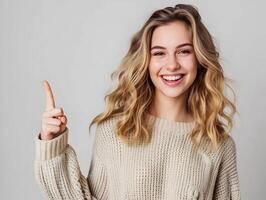 AI generated A young smiling woman with indicating index finger on the space banner. High quality. AI Generative photo