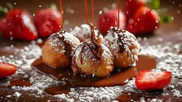 AI generated Food photo of tasty dough balls with chocolate and strawberries. High-resolution. AI Generative