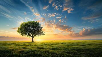 ai generado uno árbol en un amplio césped llanura con un azul rosado cielo. un hermosa paisaje puesta de sol. alta resolución. ai generativo foto