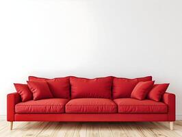 AI generated Modern big red sofa for living room on a clean bright white wall background and wooden floor. High-resolution. AI Generative photo