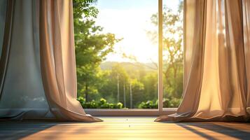 AI generated Brown curtains on the window with a pacifying green landscape. Sunny day in the room. High quality. AI Generative photo