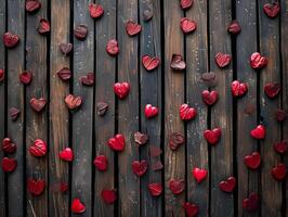 AI generated Wooden board background with red wooden hearts laying willy-nilly. High quality. AI Generative photo