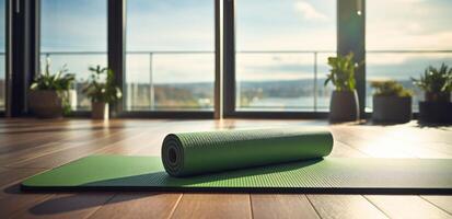 AI generated yoga mat on the floor beside the window photo