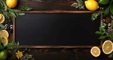 AI generated wood background with chalkboard and lemon photo