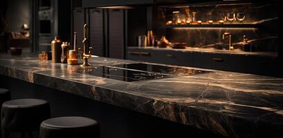 AI generated kitchen island or countertop with marble countertops in black color photo