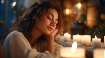 AI generated young woman sleeping with candle on the table, photo