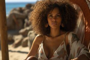 AI generated young woman with brown afro looking to the camera in a deck chair photo