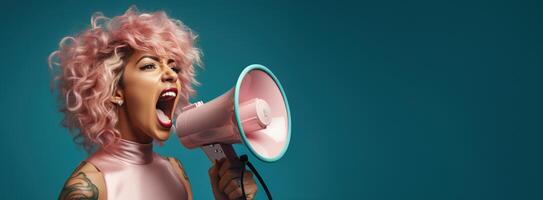 AI generated woman shouting with megaphone over blue background, photo