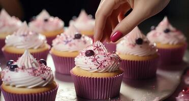 AI generated womens hand decorates cupcakes over the top with frosting, photo