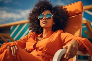 ai generado mujer vistiendo Gafas de sol en cubierta sillas a el playa foto