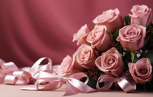 AI generated wedding gifts ribbons and roses on a pink background, photo