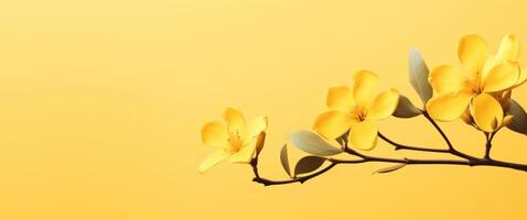 AI generated yellow flowers with leaves against a bright yellow background photo