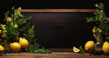 AI generated wood background with chalkboard and lemon photo