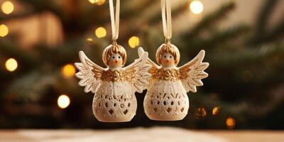 AI generated two angel ornaments hanging from a christmas tree, photo