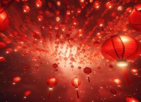 AI generated traditional chinese lanterns to celebrate new year on an abstract red background with sparkles photo