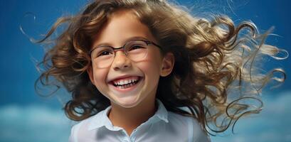 AI generated young girl with glasses smiling in blue background, photo