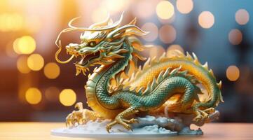 AI generated traditional dragon on a white table with a background of bokeh photo