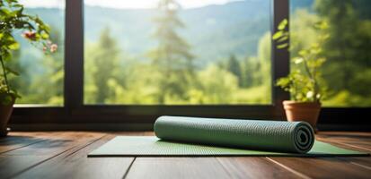 AI generated yoga mat on the floor beside the window photo