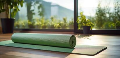 AI generated yoga mat on the floor beside the window photo