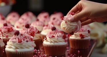 AI generated womens hand decorates cupcakes over the top with frosting, photo