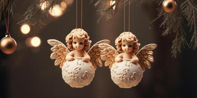 ai generado dos ángel adornos colgando desde un Navidad árbol, foto