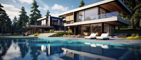 AI generated modern house with swimming pool photo