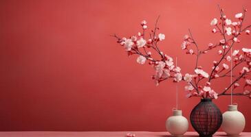 AI generated two Chinese lanterns on a red wall with pink flower decoration photo