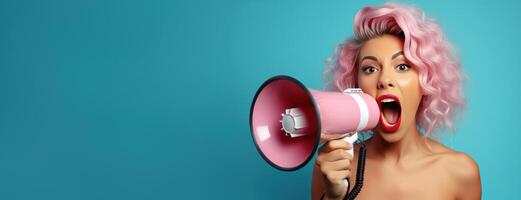 AI generated young happy woman shouting into megaphone on blue backdrop loud shout out photo