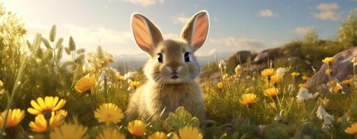 AI generated young yellow rabbit on grass near the sun photo